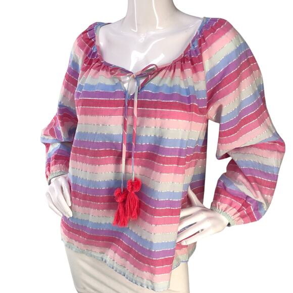 J Crew Womens Size S Top Peasant Metallic Pastel Stripe Oversized Fit - Picture 1 of 16